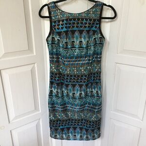 White House Black Market Black Dress w/ Blue & Silver Metallic Embroidery
